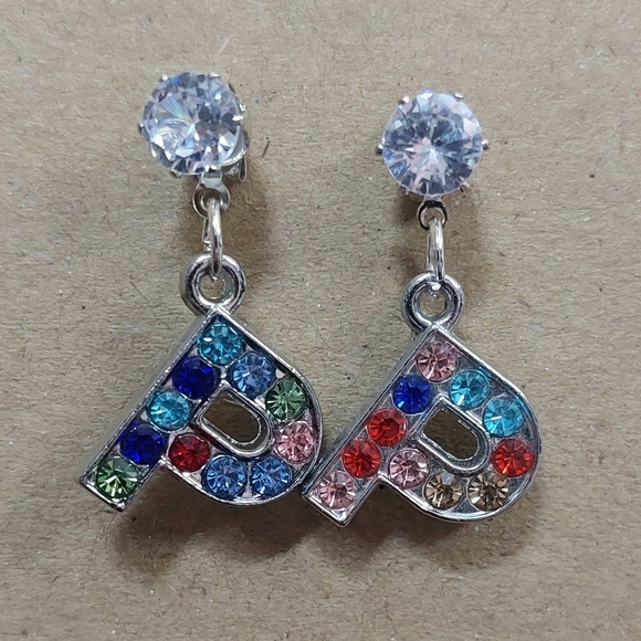 Initial Letter Multicolored Rhinestone Silver Tone Dangle Earrings - Picture 1 of 1